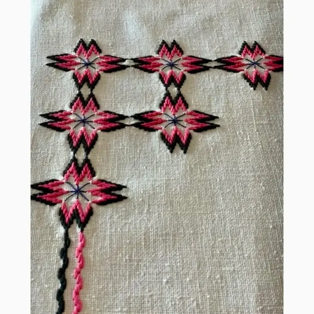 Vintage Hand Embroidered Linen Tablecloth 34x53,5  Pink Black Cross Stitch